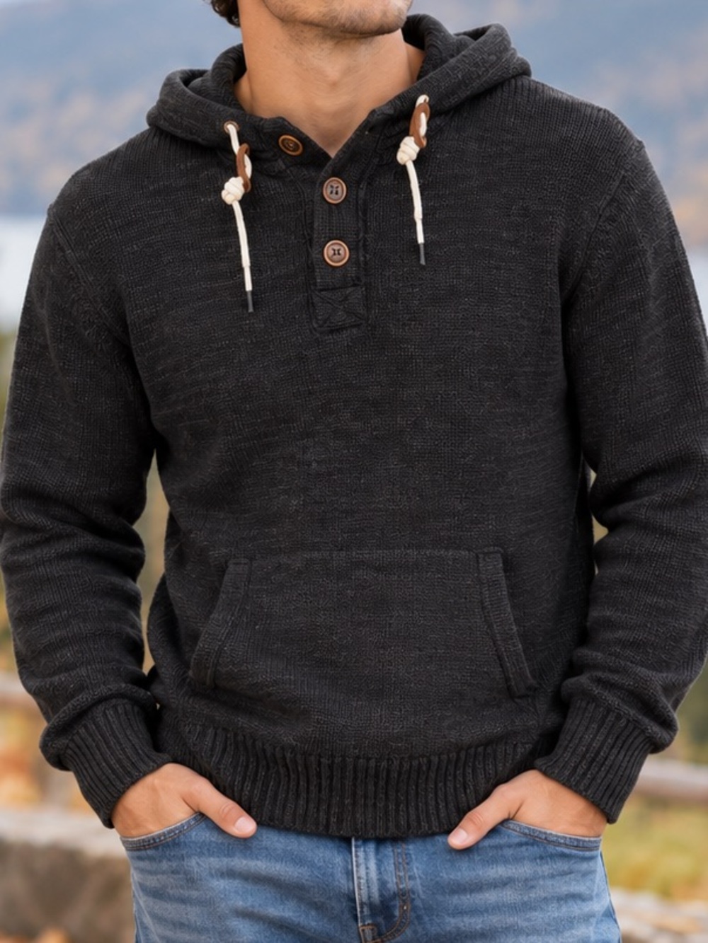 H&M L.O.G.G. Men’s L Charcoal Cotton Knit Henley Hoodie Cabin Gorpcore